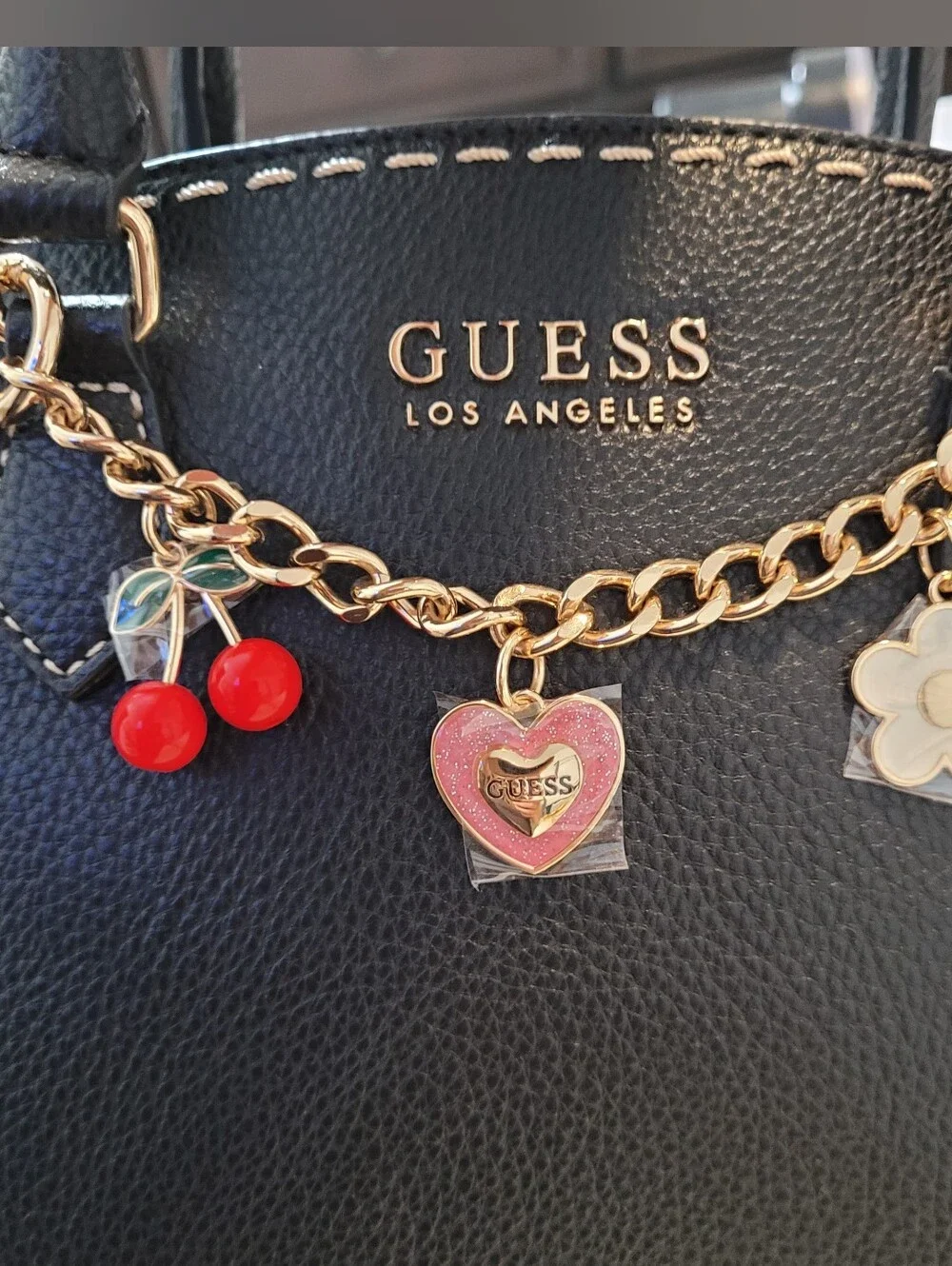 NWT GUESS Davina Charms Black Satchel Handbag with Gold Chain and Charm Accents